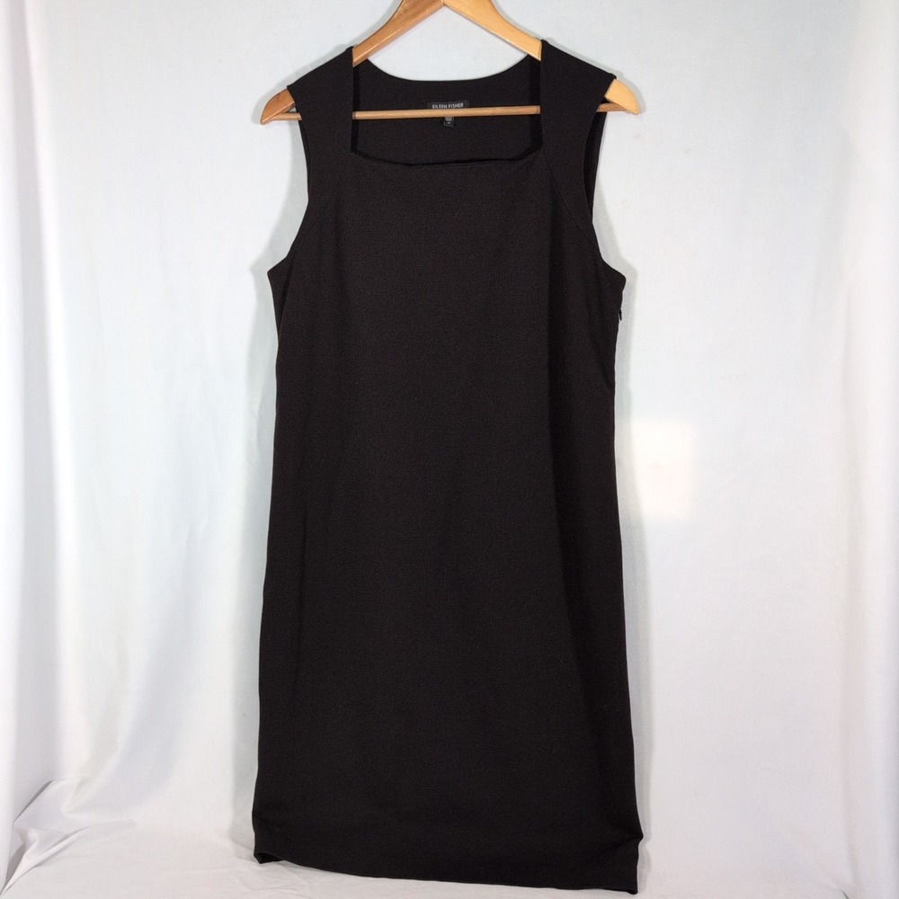 EILEEN FISHER Chocolate Black Viscose Silk Slip Stretch Square Neck K/L Dress